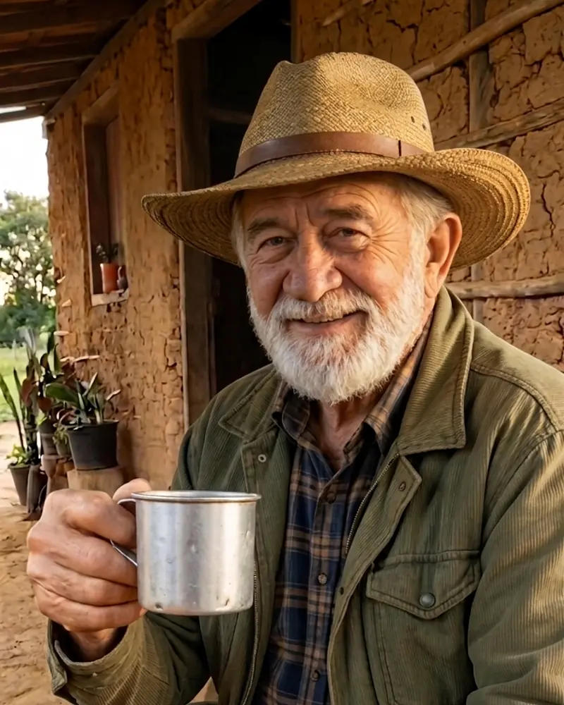 Vovô Chico sorrindo, com chapéu de palha e uma caneca, diante de uma casa rural.