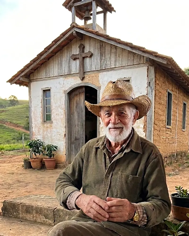 Vovô Chico sorrindo diante de uma pequena igreja no campo.
