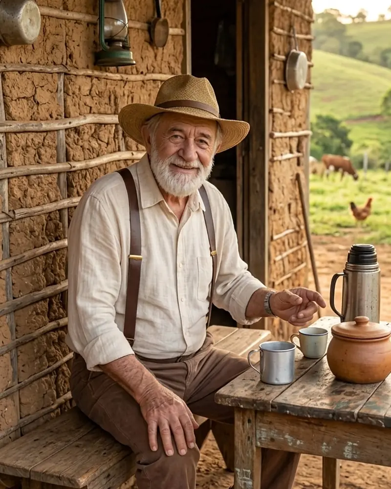 Vovô Chico sentado à mesa de madeira em uma varanda na fazenda.