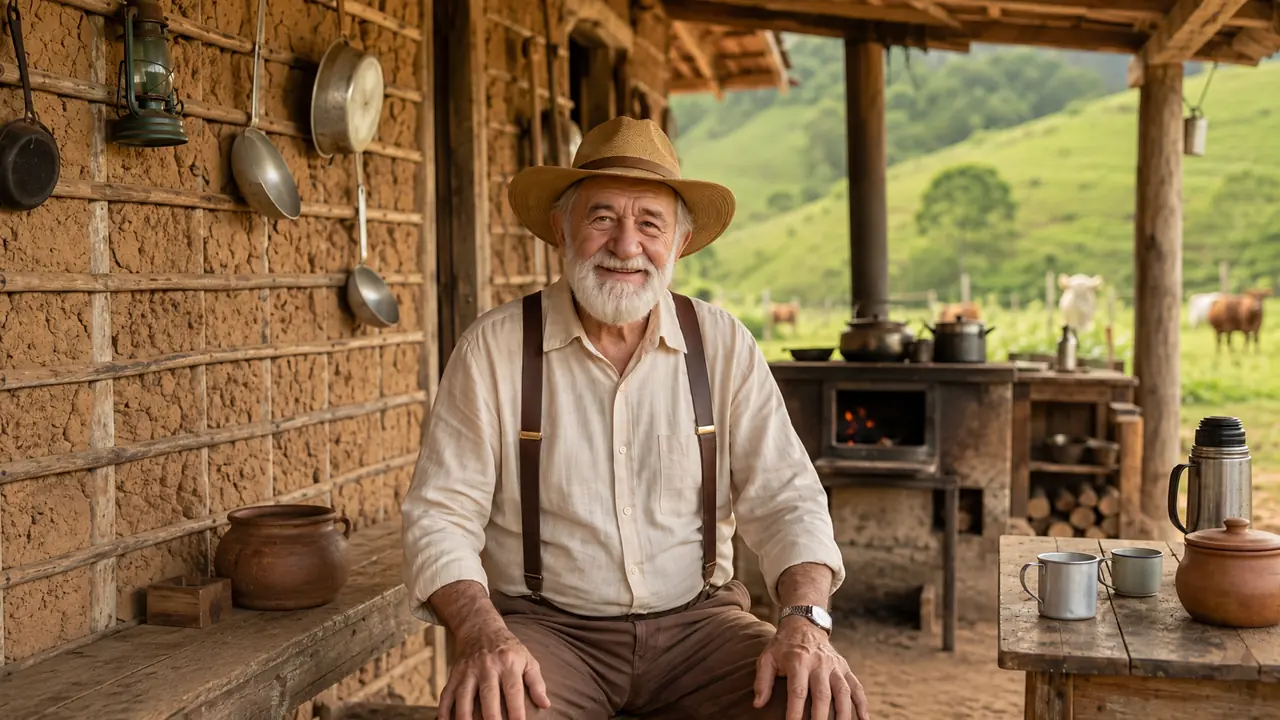 Vovô Chico sentado em uma varanda rústica, com fogão a lenha e o campo ao fundo.